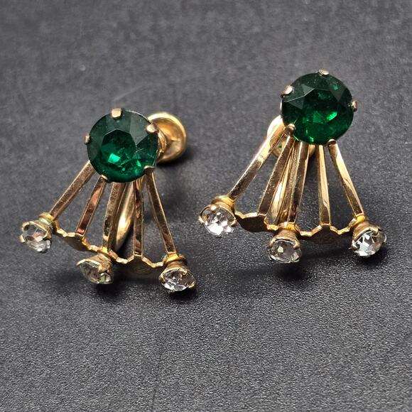 Van Dell 12K Gold Filled Necklace Earrings Set Green Rhinestone Vintage Jewelry - Picture 6 of 10